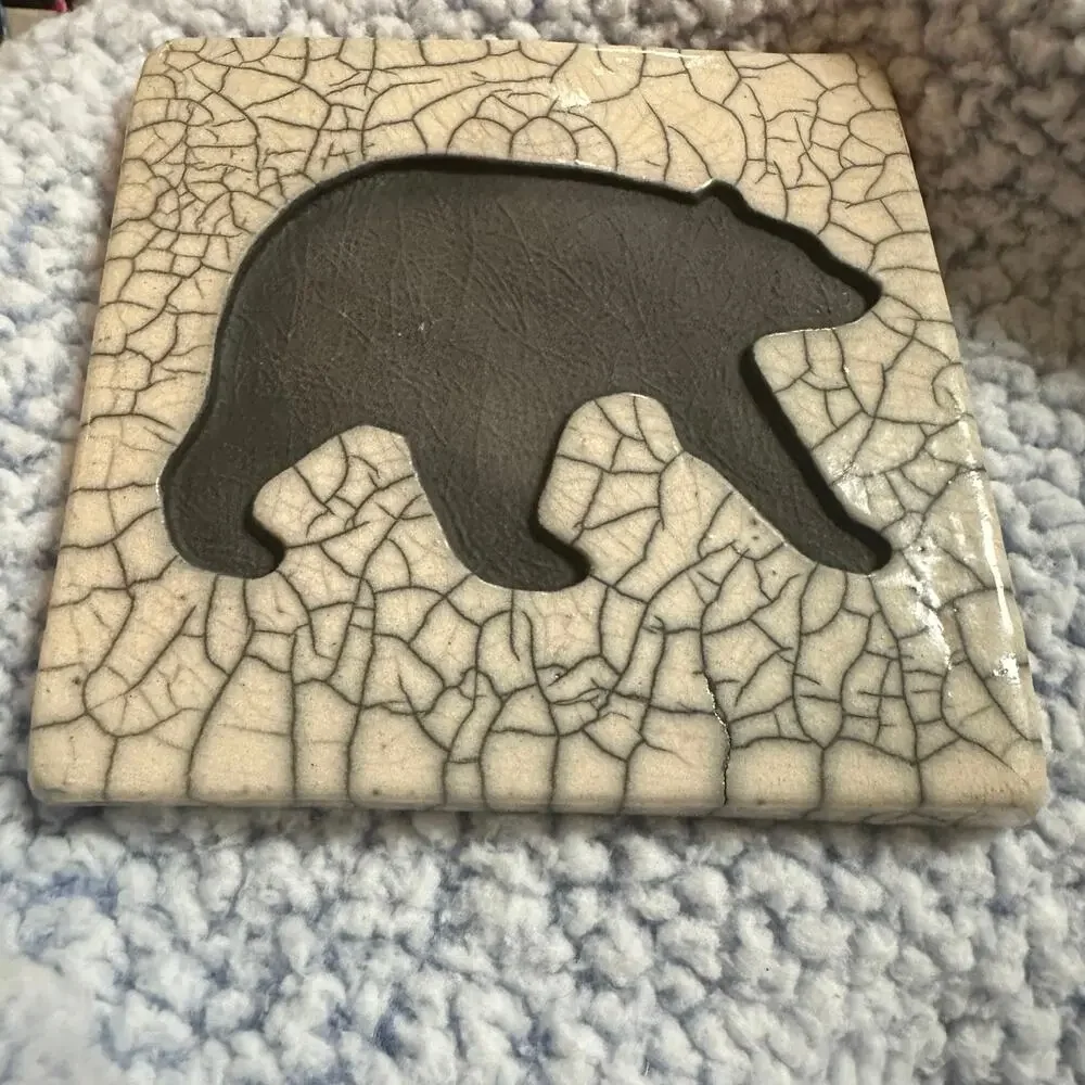 Handmade Tile W/ Black Bear Cut Out Native American Wilderness Stamped by Artist